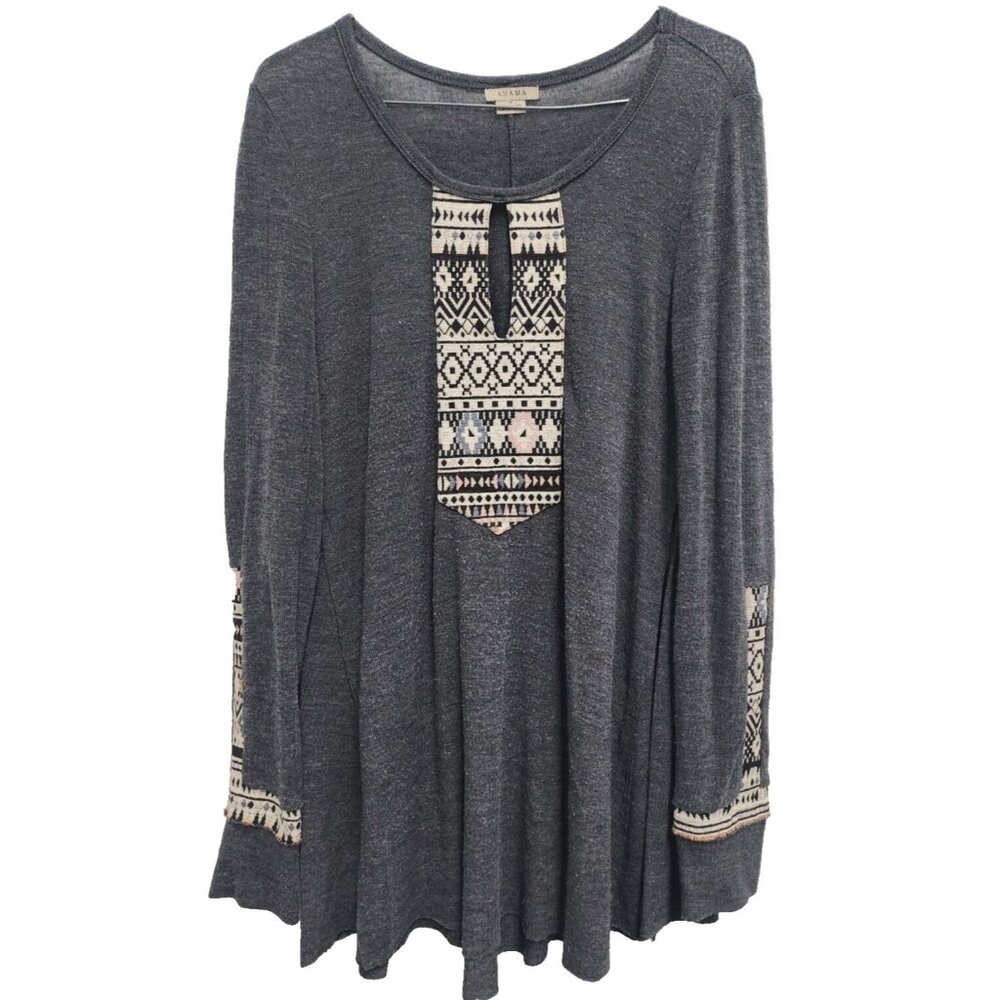 Anama BOHO Southwest‎ Top Womens Size Medium Gray Embroidered Long Sleeve Casual